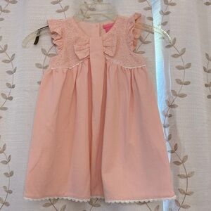 Isaac Mizrahi girls pink eyelet lace sleeveless dress, lace trim hem front bow